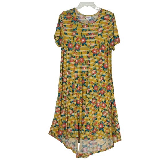 Lularoe Uneven Hem Yellow Floral Short Sleeve Swing Style T-Shirt Dress Size M - Picture 2 of 10